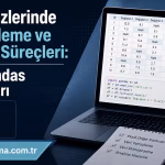 Türkçe afiş: Python Pandas Uygulamaları ile Veri Temizleme ve Hazırlama Süreçleri, bilgisayarda tablo ve grafiklerle gösterilmiş.