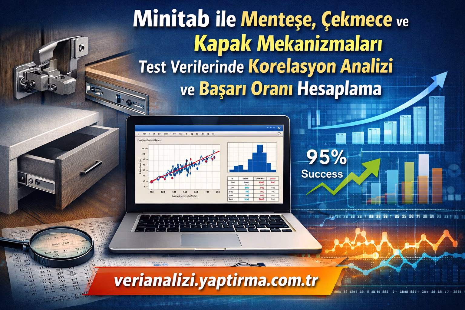 Laptop ekranında grafikler ve veriler olan Türkçe reklam afişi; solunda çekmece ve menteşe mekanizması var.