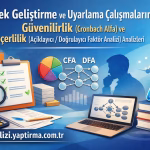 Turkish banner: text about scale development and validation analyses with CFA/DFA diagrams, charts, books, flasks, and a laptop on a blue background.