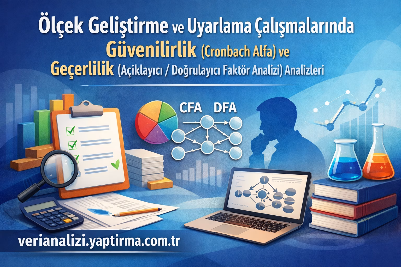 Turkish banner: text about scale development and validation analyses with CFA/DFA diagrams, charts, books, flasks, and a laptop on a blue background.