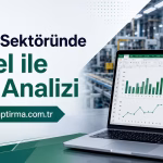 Fabrikada çalışan bir bilgisayar ekranında Excel grafiklerini gösteren dizüstü bilgisayar