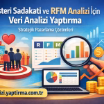 Marketing banner showing data analysis theme: RFM analysis, charts, and a magnifying glass over graphs with a laptop and coins on a blue gradient background.