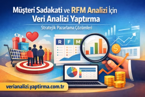 Marketing banner showing data analysis theme: RFM analysis, charts, and a magnifying glass over graphs with a laptop and coins on a blue gradient background.