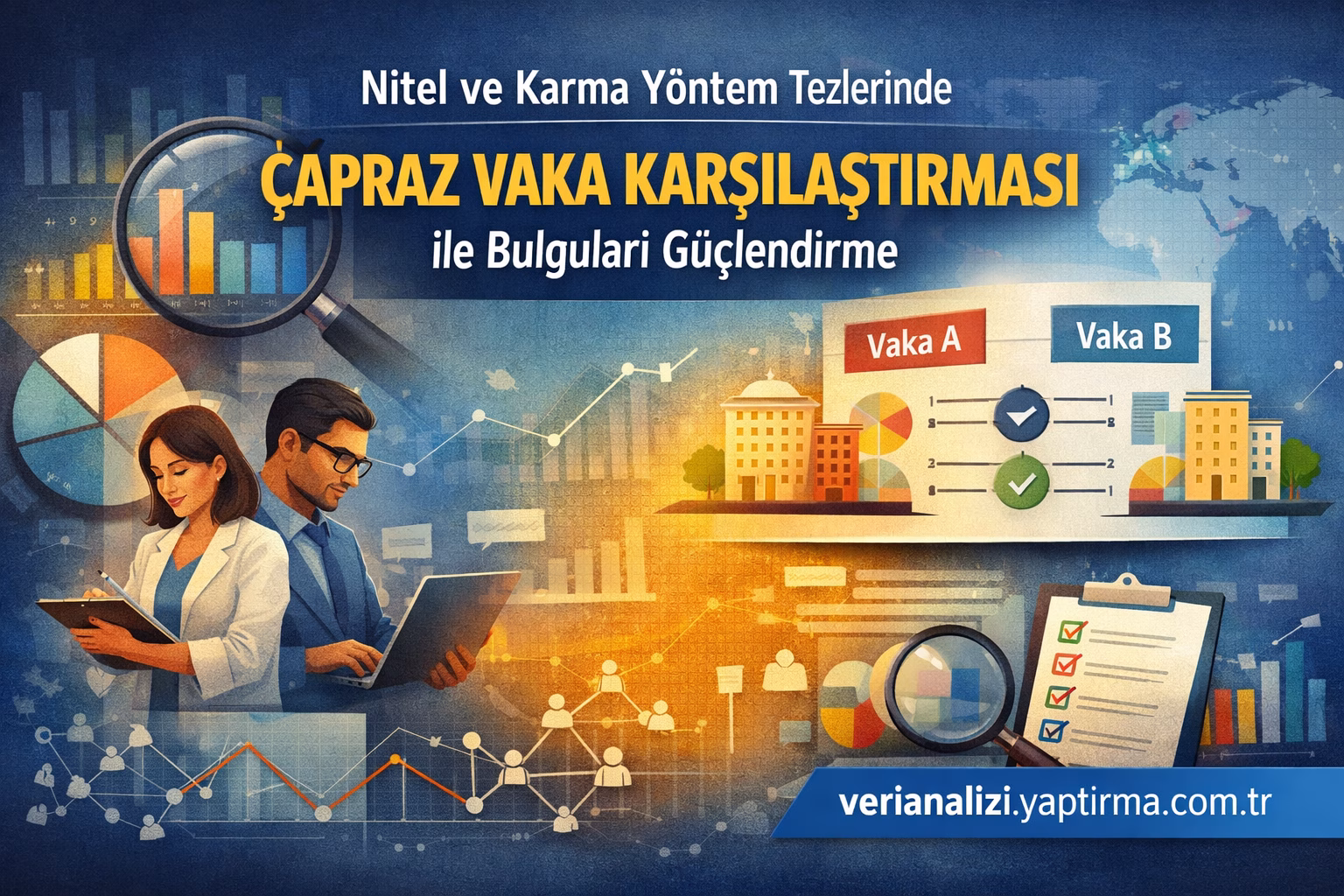 Veri analizi yapan iki uzman, grafikler ve dünyayı gösteren mavi arka planlı infografik üzerinde çalışıyor.