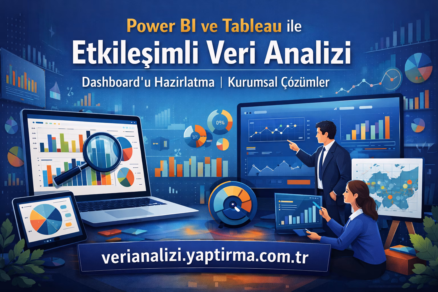 Promotional banner in Turkish showing data dashboards and charts for Power BI and Tableau analysis, with the text 'Etkili Veri Analizi' and a URL.