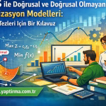 Turkish poster about optimization models; a man and a woman analyze graphs on laptops with gears and charts in a blue-yellow lab background. The headline mentions GAMS and optimization models for doctoral theses.