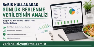Banner promoting daily nutrition analysis; left Turkish text, right laptop with charts and a salad bowl on a clean desk.