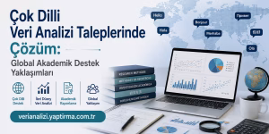 Multilingual data analysis solutions banner featuring a laptop with charts, stacked books, and a world map with language bubbles.