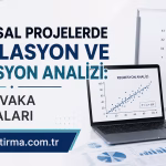Turkish banner about corporate projects, showing correlation and regression analysis with a laptop and charts on a desk laanching the site verianalizi.yapitirma.com.tr