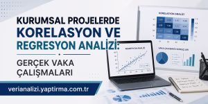 Turkish banner about corporate projects, showing correlation and regression analysis with a laptop and charts on a desk laanching the site verianalizi.yapitirma.com.tr