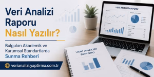 Banner advertising a data analysis report guide in Turkish, with charts and a laptop screen on display.